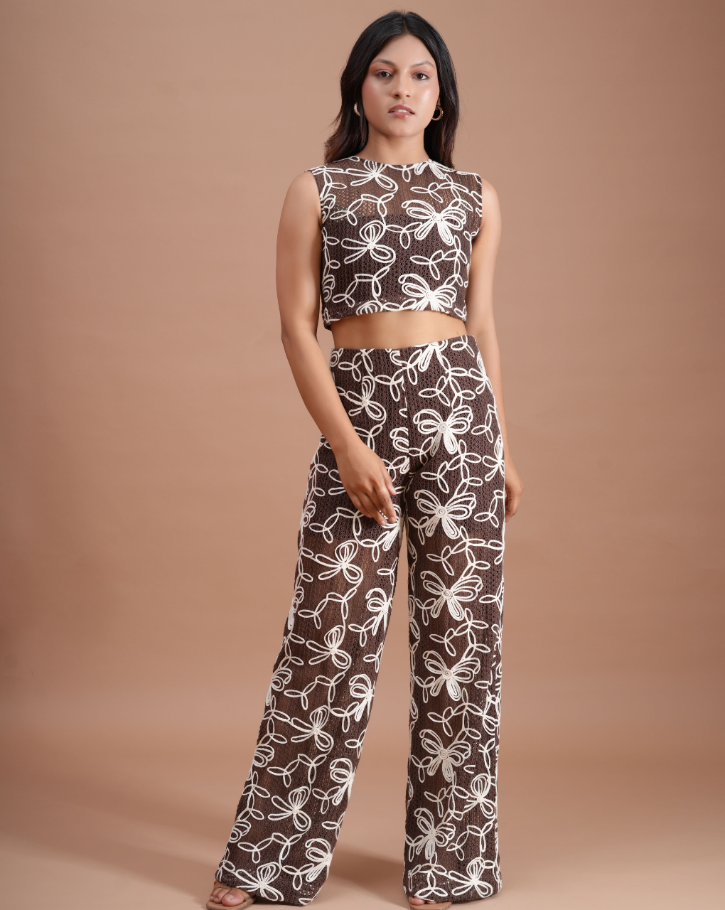 Crochet Mocha Brown Crop Top with Pant