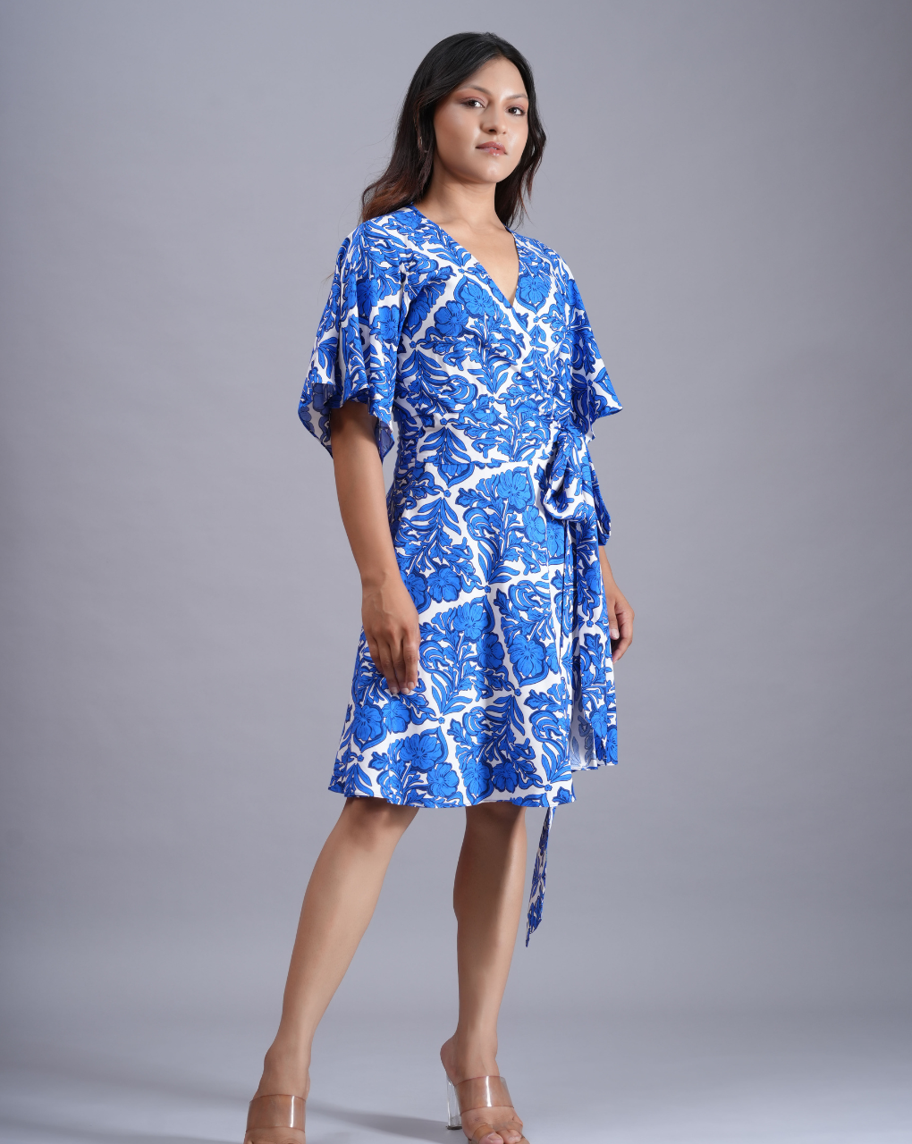 Floral Print Blue Wrap Around Dress