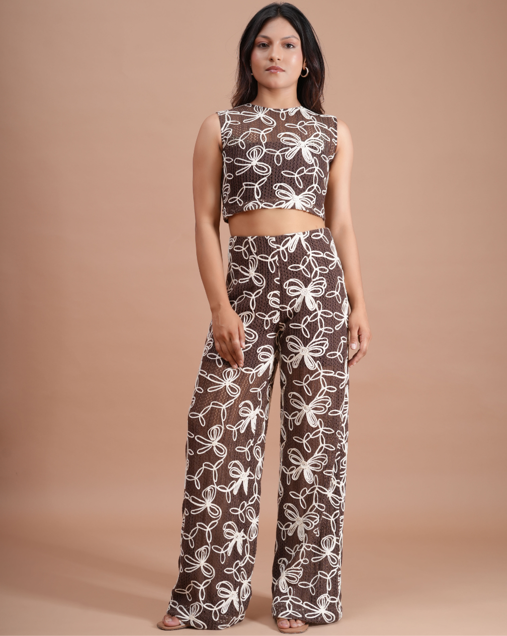 Crochet Mocha Brown Crop Top with Pant