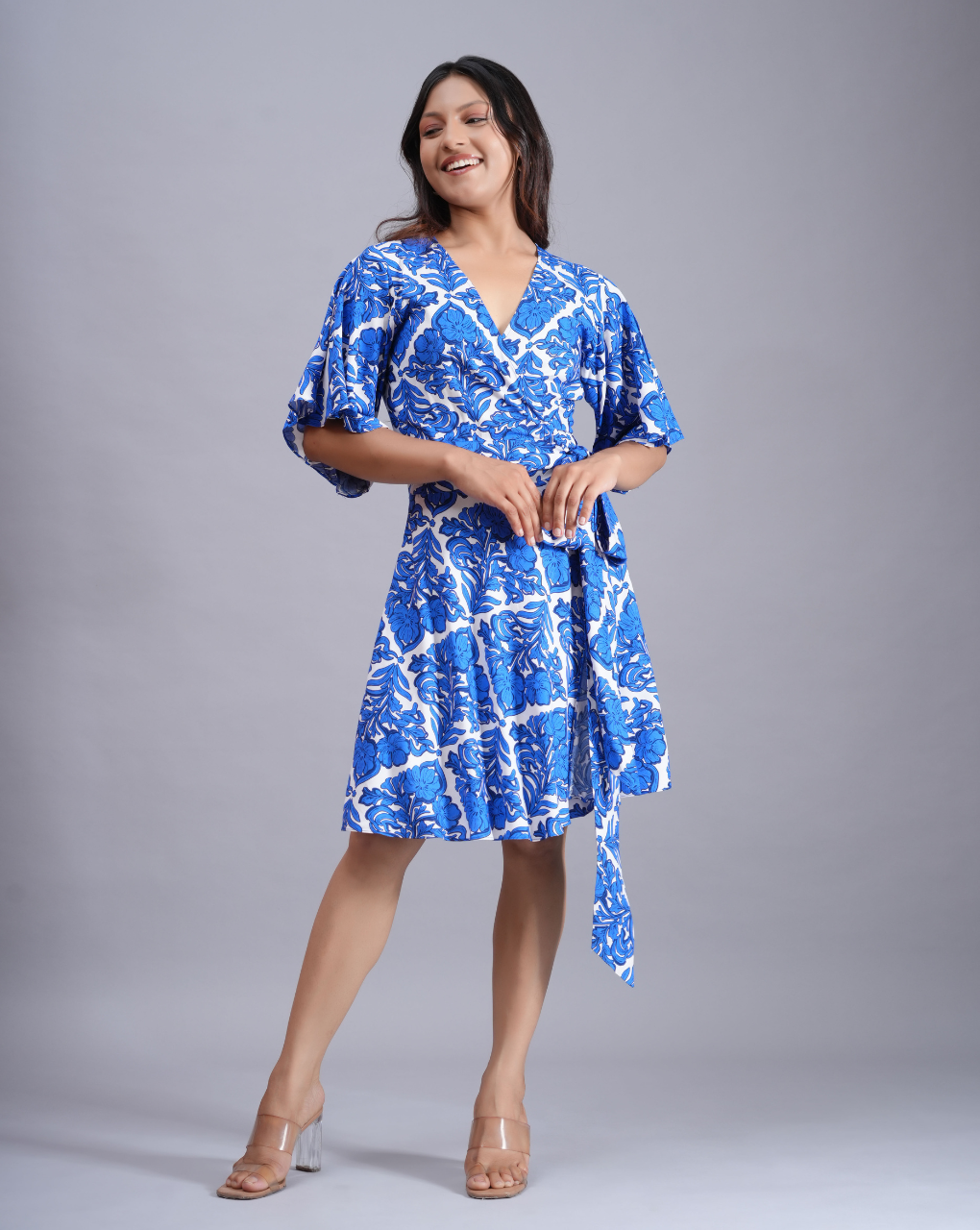 Floral Print Blue Wrap Around Dress