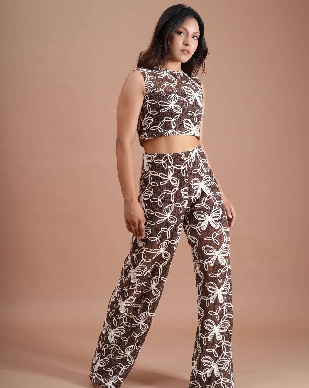Crochet Mocha Brown Crop Top with Pant
