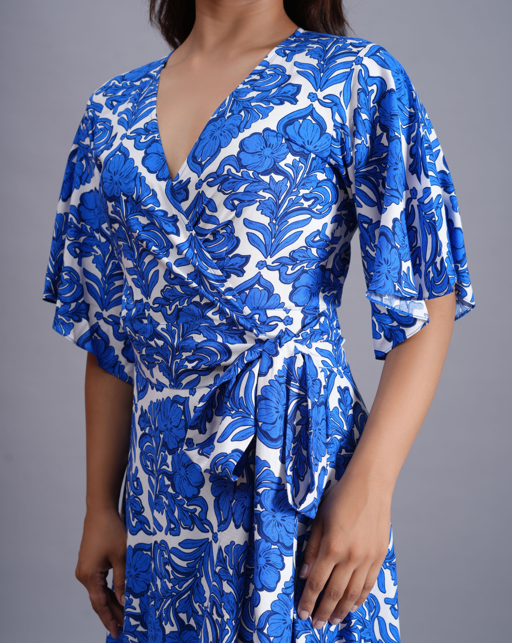 Floral Print Blue Wrap Around Dress
