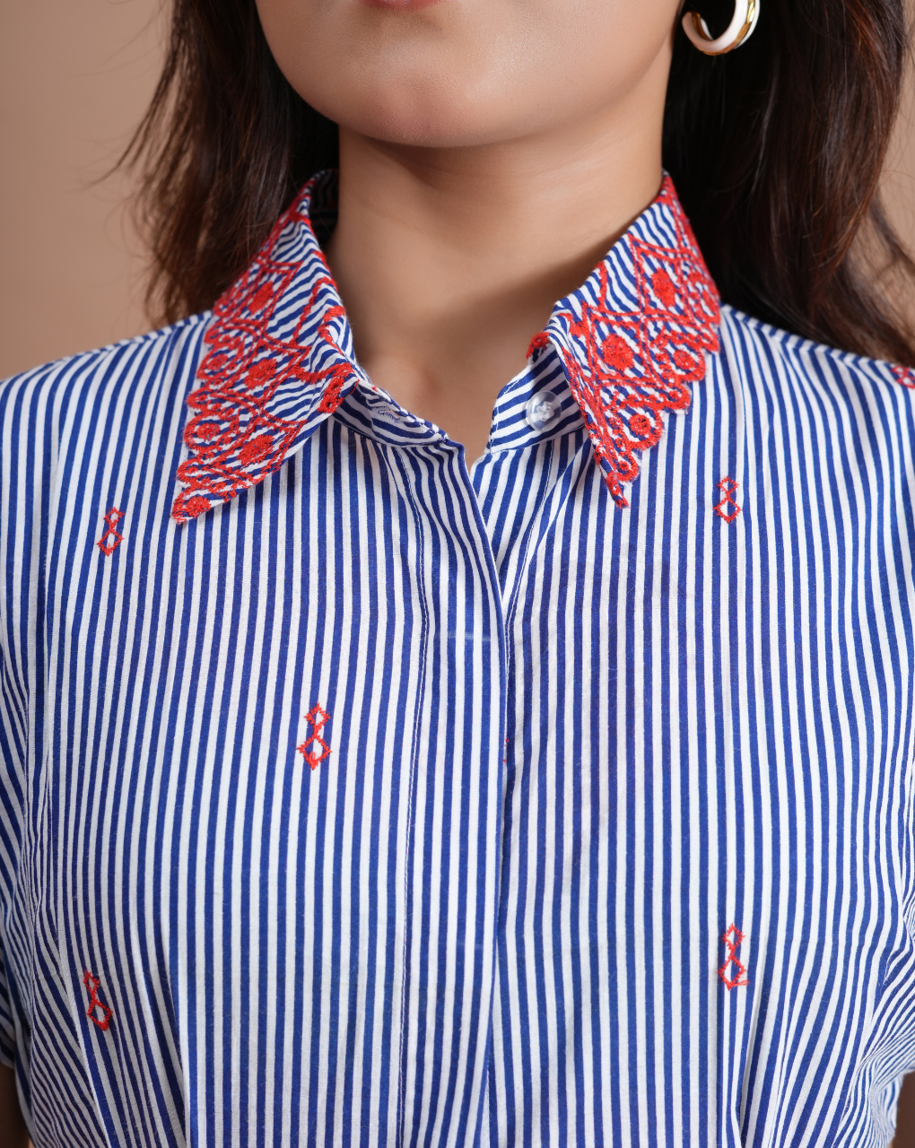 Shirt Dress with Red Embroidery