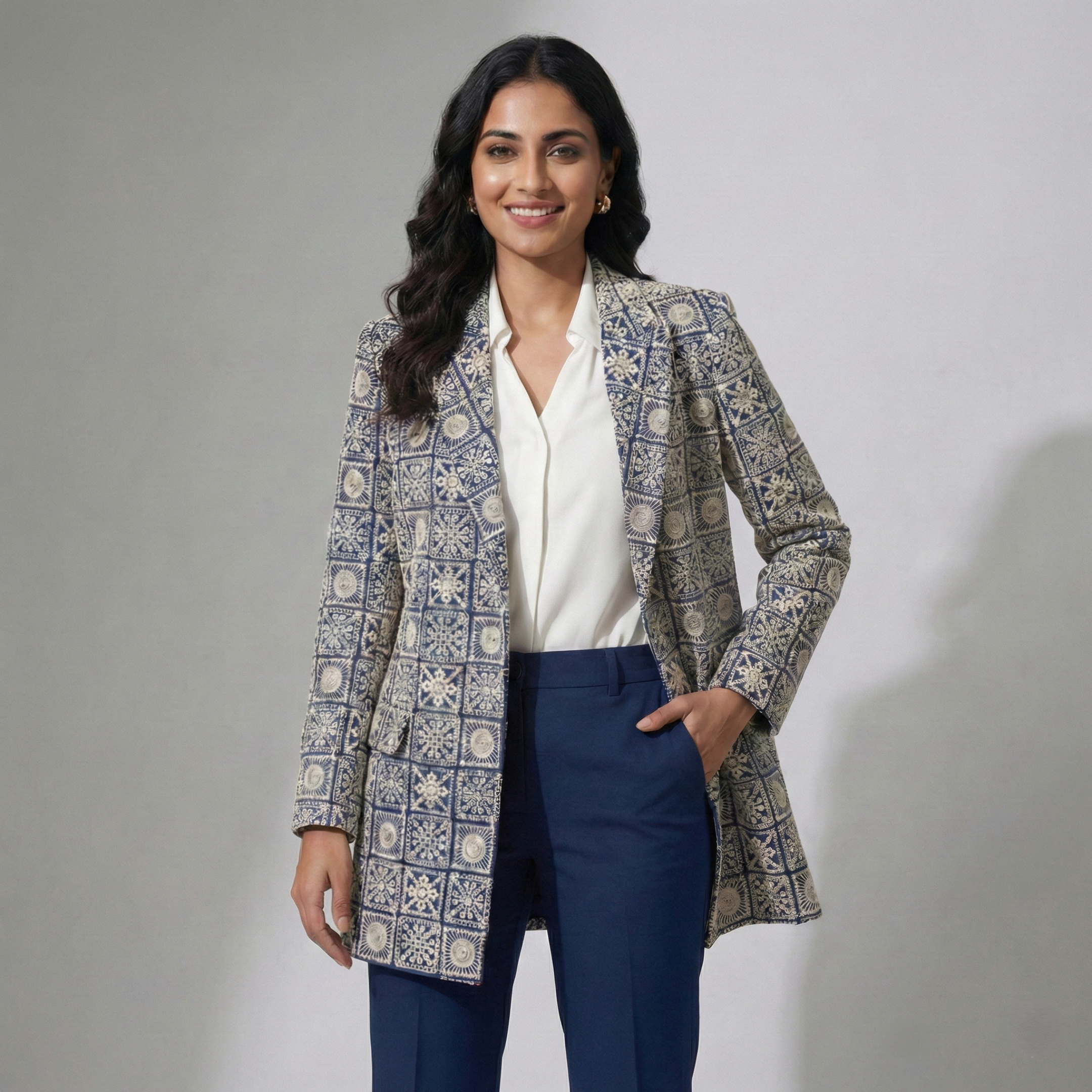 Indigo Heritage Print Women’s Longline Blazer