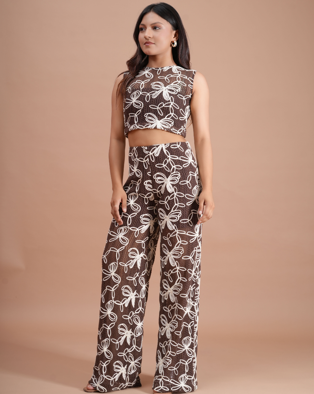 Crochet Mocha Brown Crop Top with Pant