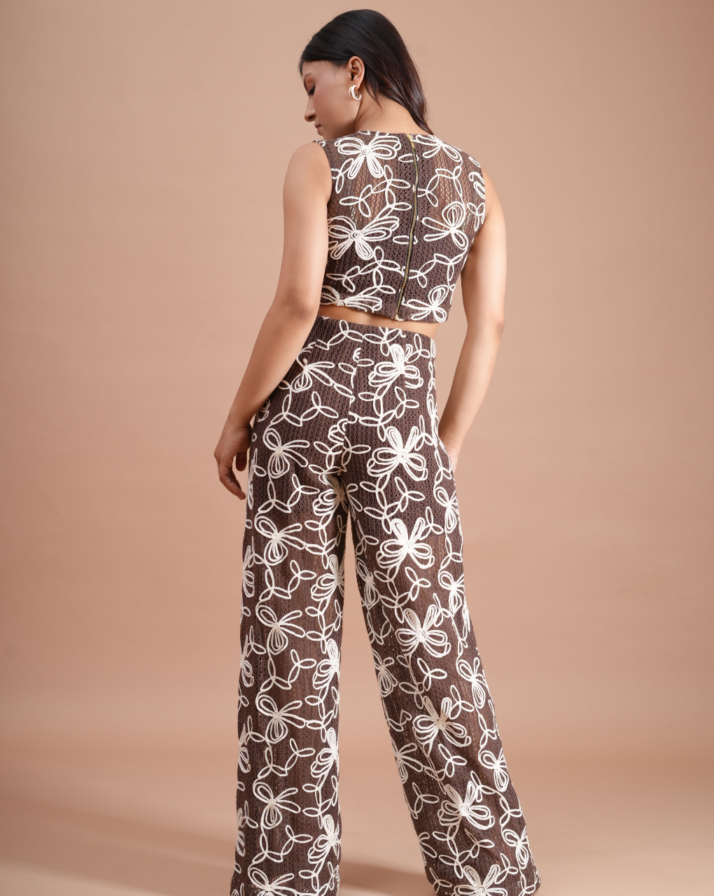 Crochet Mocha Brown Crop Top with Pant