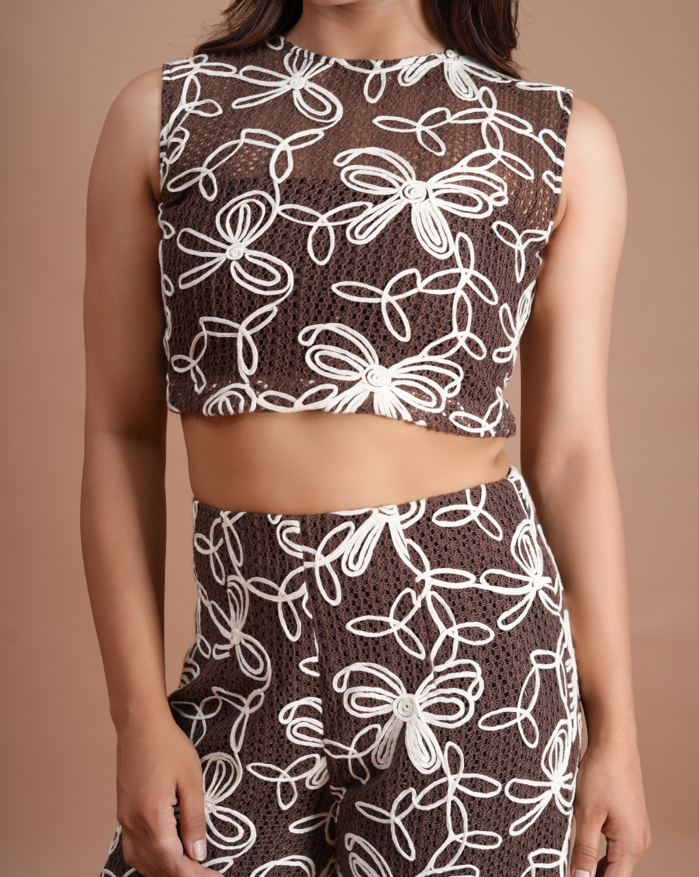 Crochet Mocha Brown Crop Top with Pant