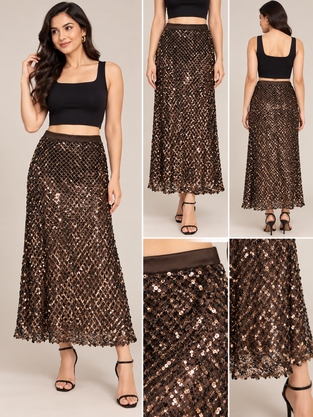 Mocha Radiance Sequin Midi Skirt