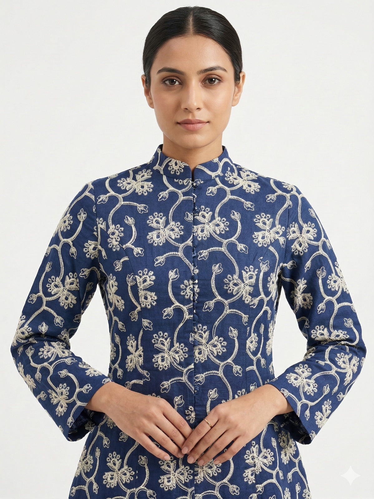 Blue Floral Embroidered Structured Blazer Dress