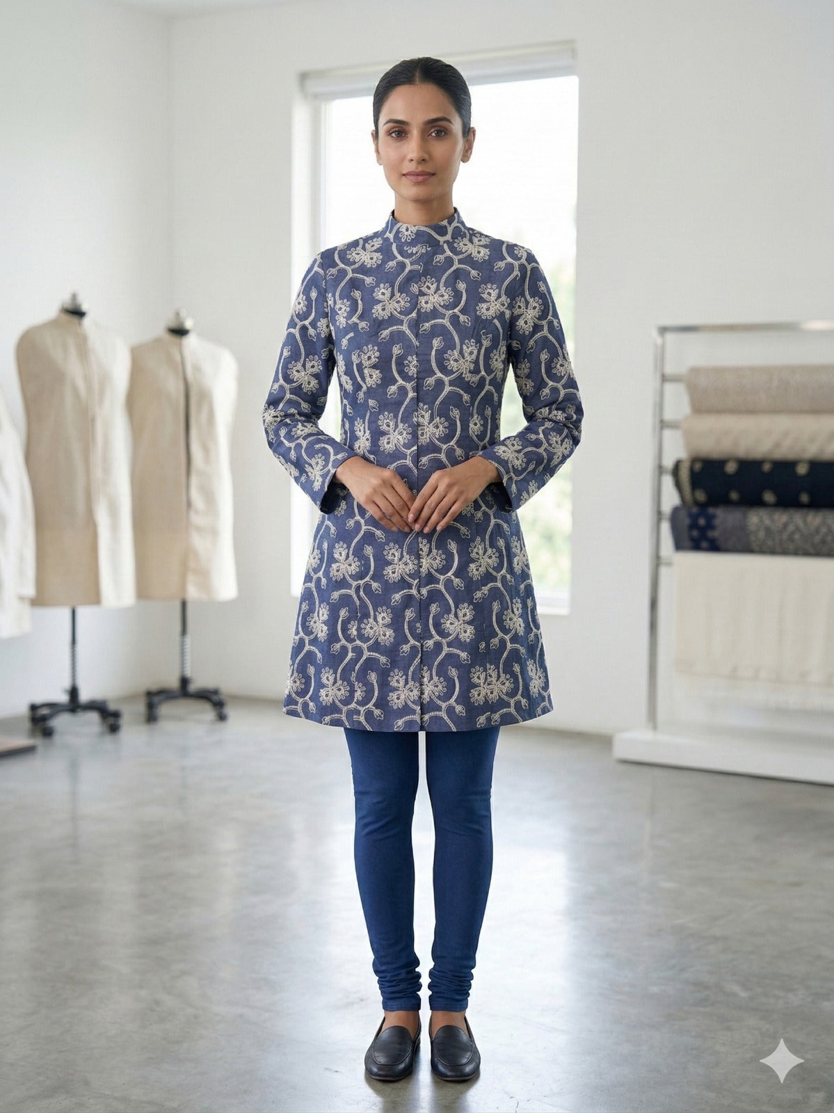 Blue Floral Embroidered Structured Blazer Dress